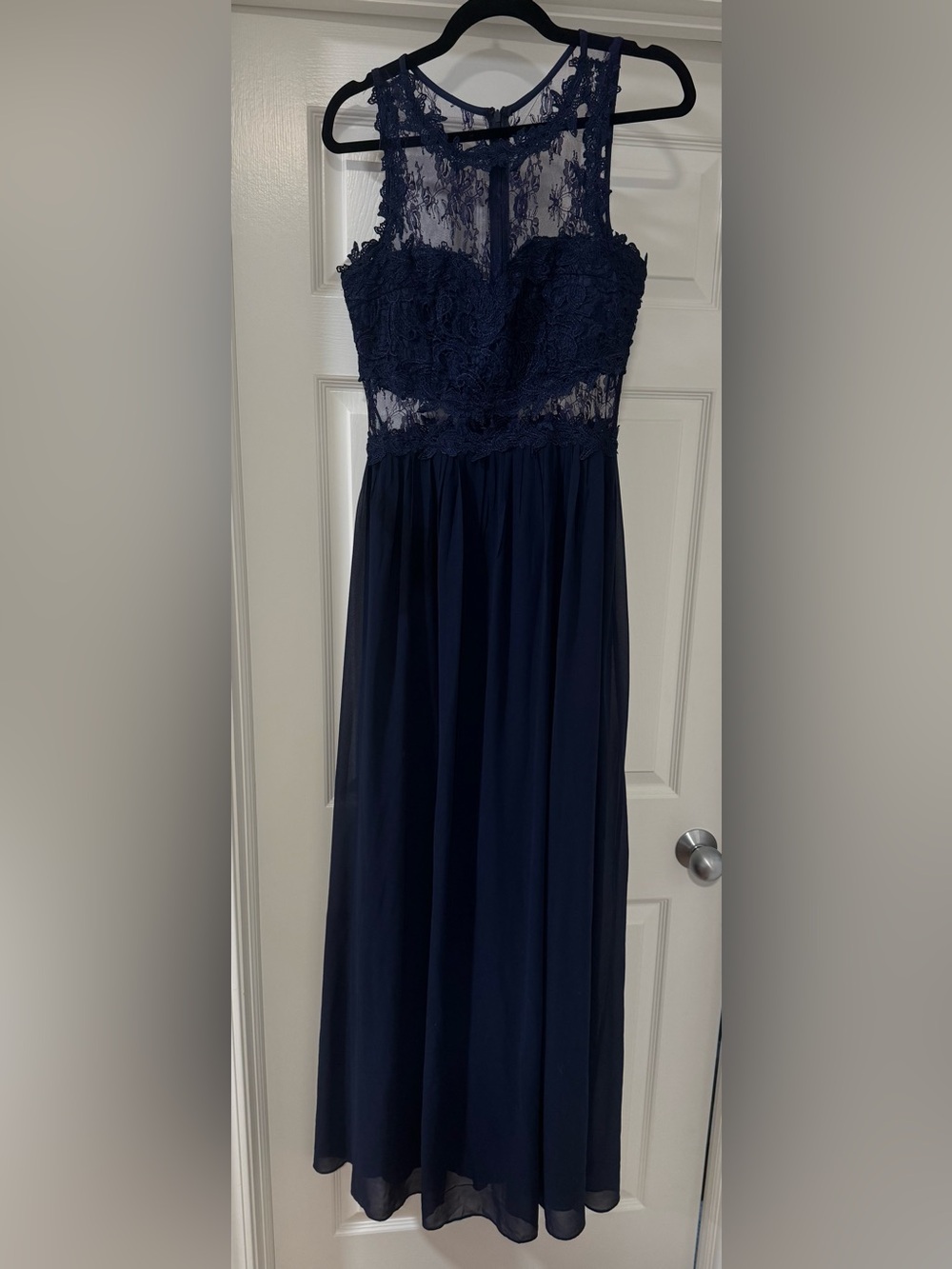 Lace Halter Chiffon Sleeveless Maxi Dress in Navy Blue
